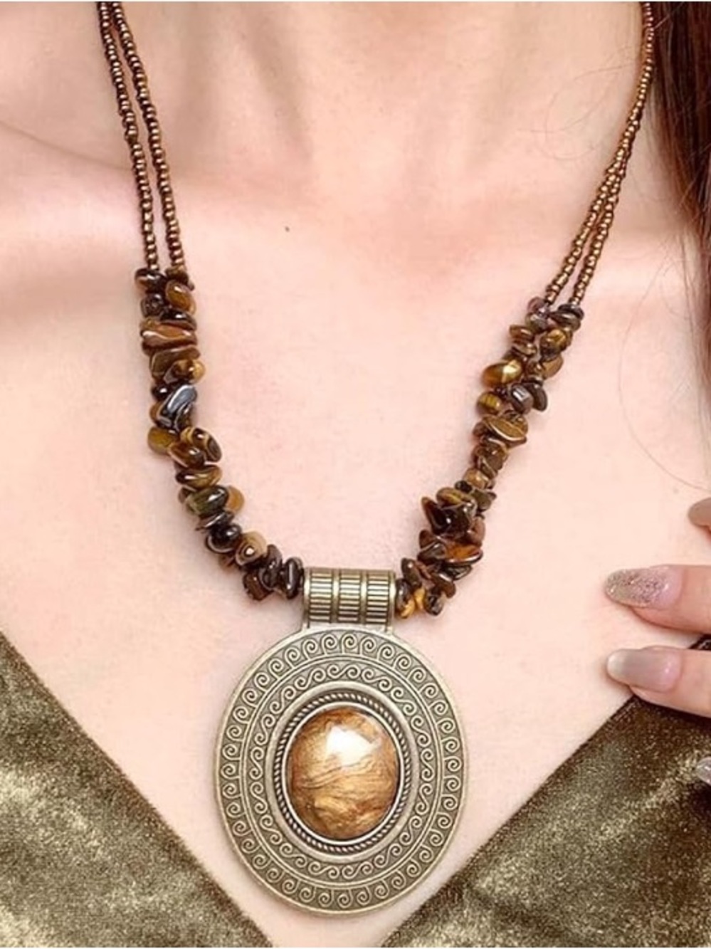 Anthropologie Brown Tiger Eye Disc Pendant Necklace - Picture 5 of 9
